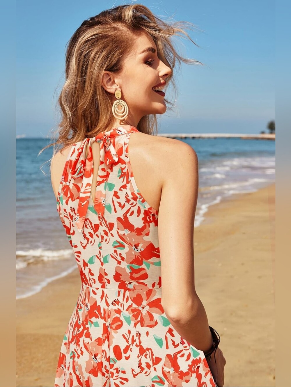 Coral OUGES Women's Halter Neck Summer Dress Size XL  A-Line Beach NWT - Picture 2 of 8